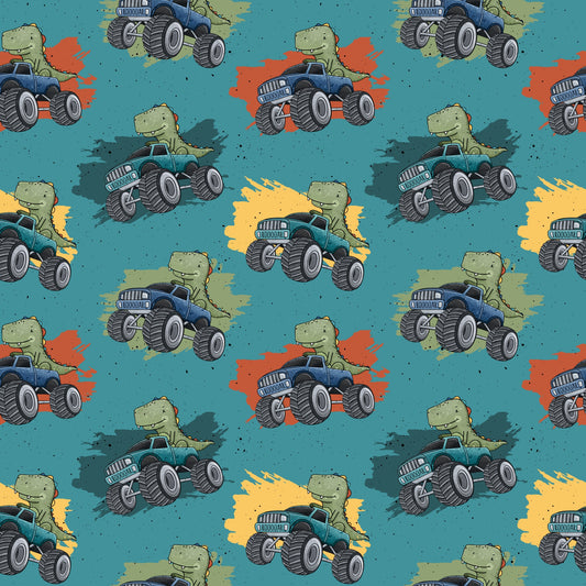 Nahtloses Muster „Dino Truck“ – Dinosaurier im Monstertruck mit Farbsplashes auf petrol/türkis – Kinderstoff (Jersey/French Terry), handgemalt von Katzengold-Designs