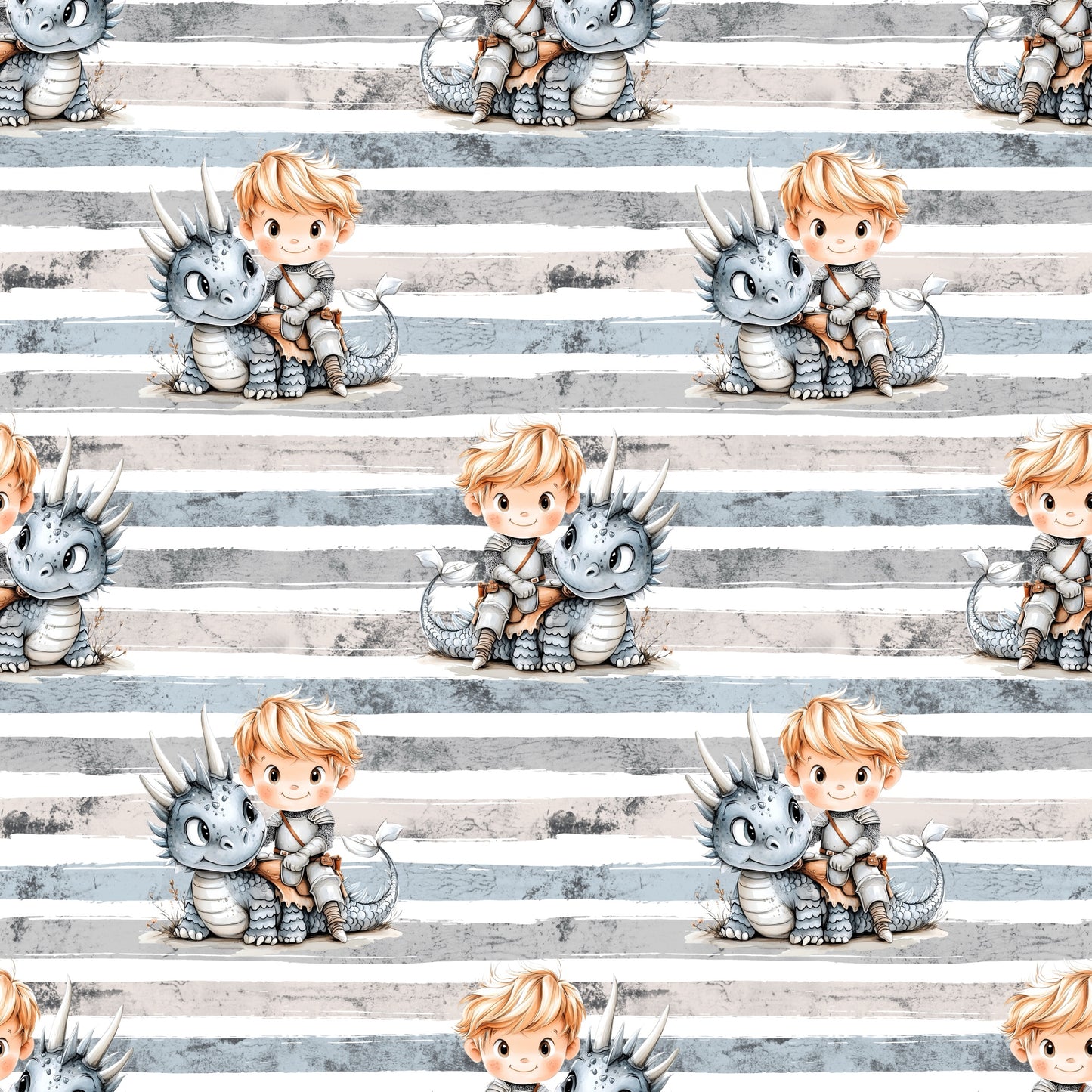 Nahtloses Muster mit Drachenreiter und Streifen in sanften Grau- und Blautönen