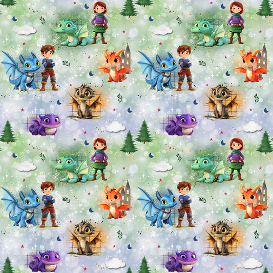 Stoffkachel „Die Drachenwächter“: nahtloses Muster mit Kids & Drachen, Sternen, Monden, Tannen und Wolken auf grünem, leicht funkelndem Hintergrund; gleichmäßig rapportiert.