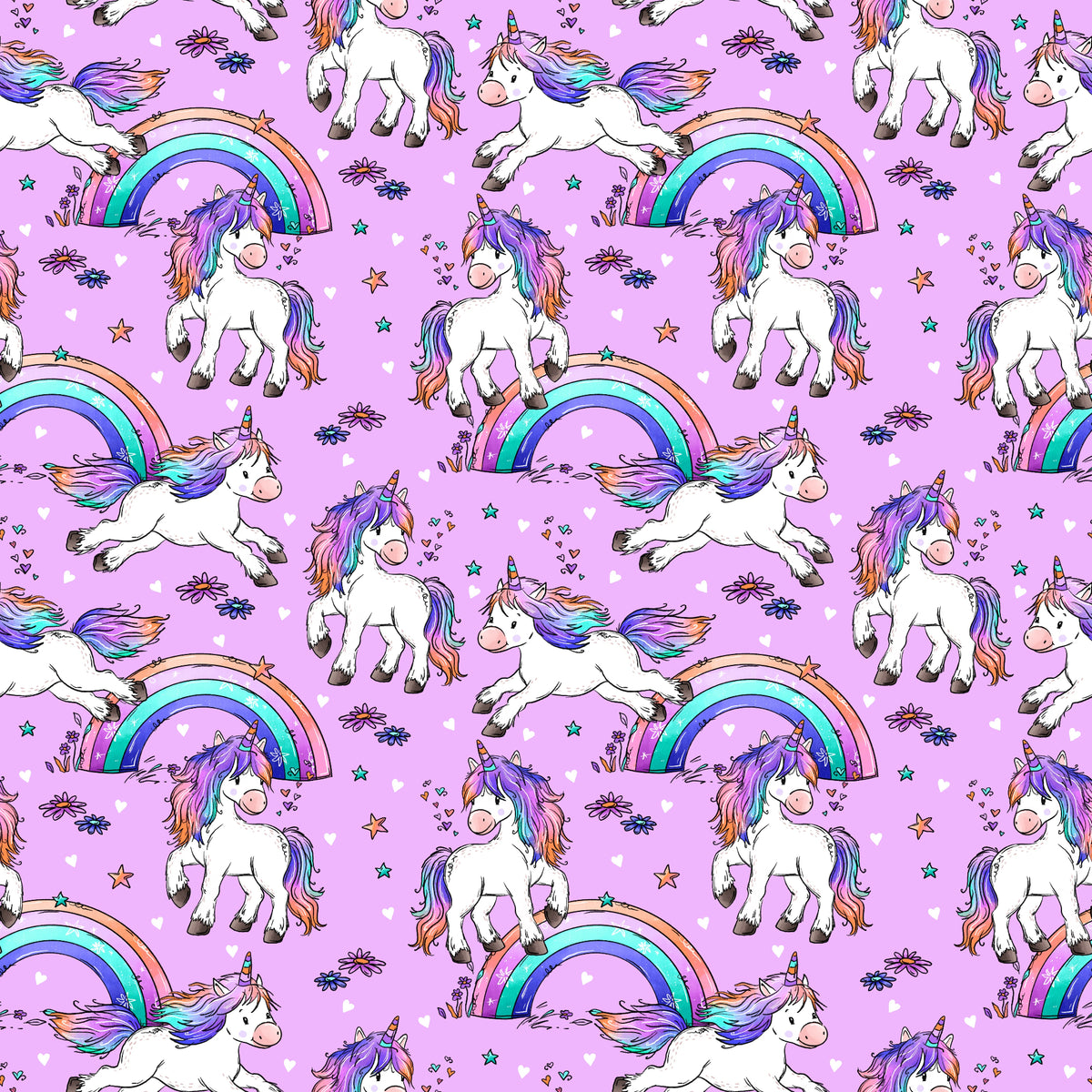 Einhorntraum Stoffdesign mit weißen Einhörnern, bunten Mähnen, Regenbögen, Sternen und Blüten auf lilafarbenem Hintergrund