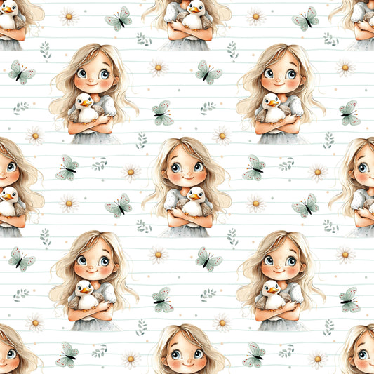 Stoffkachel „Entenmädchen“: nahtloses Allover mit Mädchen & Entchen, kleinen Blüten und Schmetterlingen auf feinen horizontalen Salbei-Streifen; gleichmäßig rapportiert.