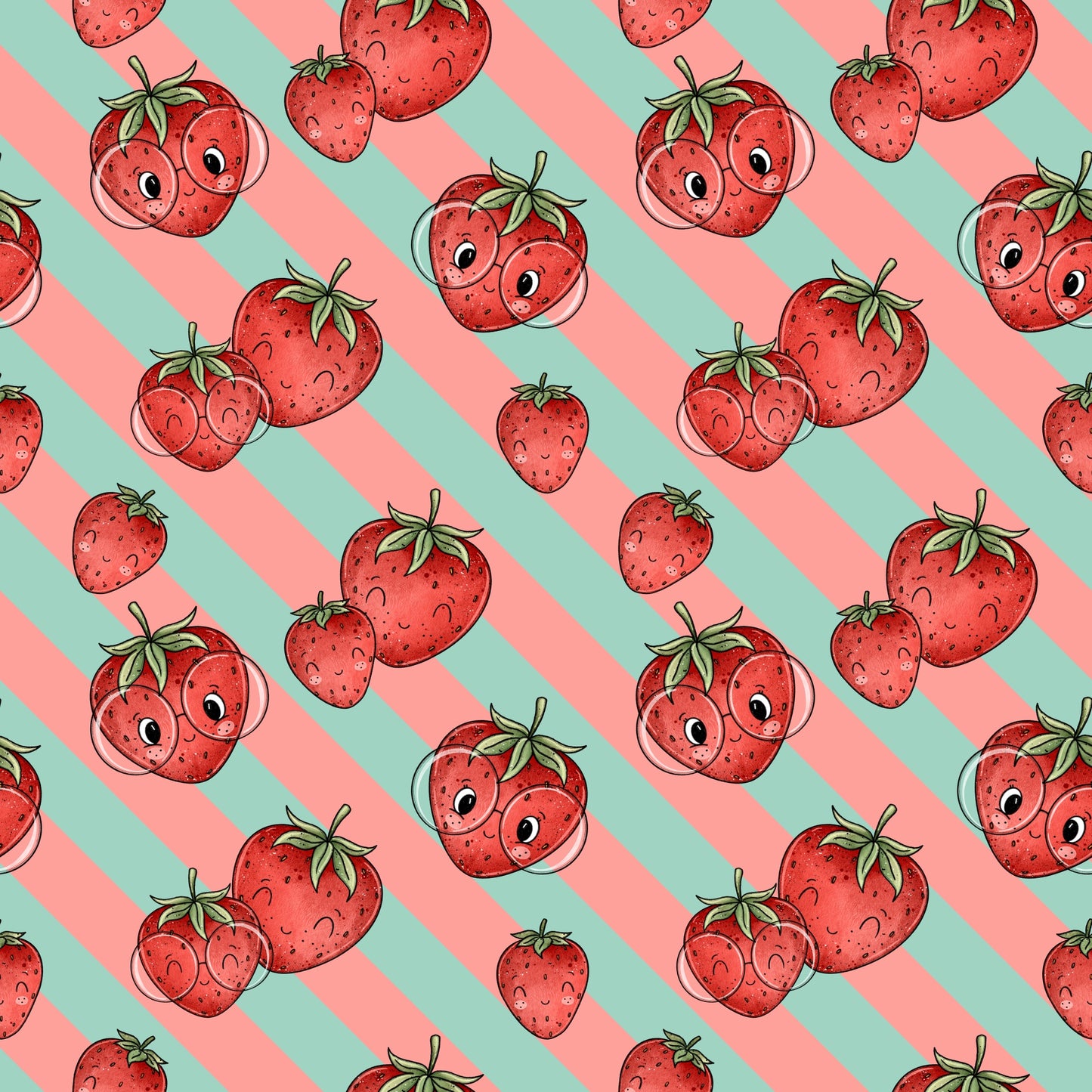 nahtloses fröhliches Erdbeer-Muster mit mint-apricot Streifen und lachenden Erdbeeren, Kinderstoff von Katzengold-Designs