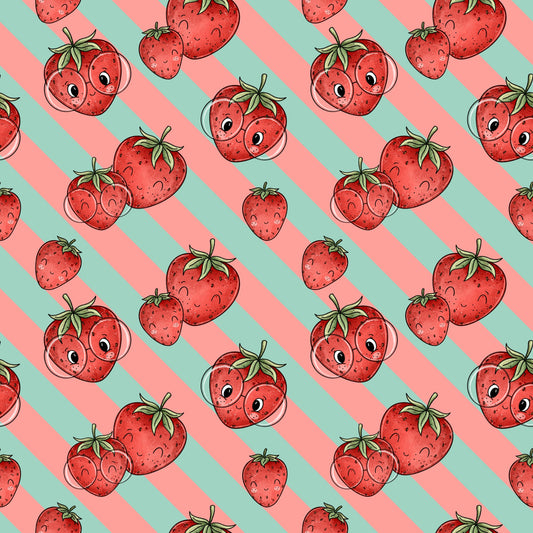 nahtloses fröhliches Erdbeer-Muster mit mint-apricot Streifen und lachenden Erdbeeren, Kinderstoff von Katzengold-Designs
