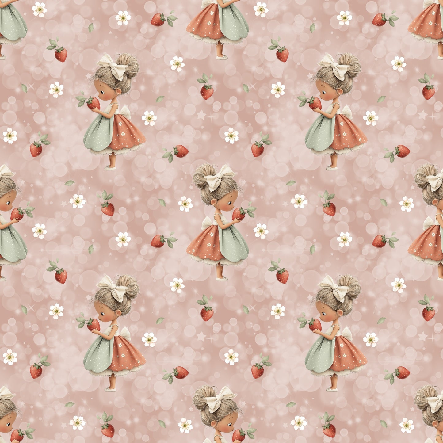 Nahtloses Erdbeermädchen Design mit süßem Mädchen, Erdbeeren und kleinen weißen Blüten auf roséfarbenem Hintergrund