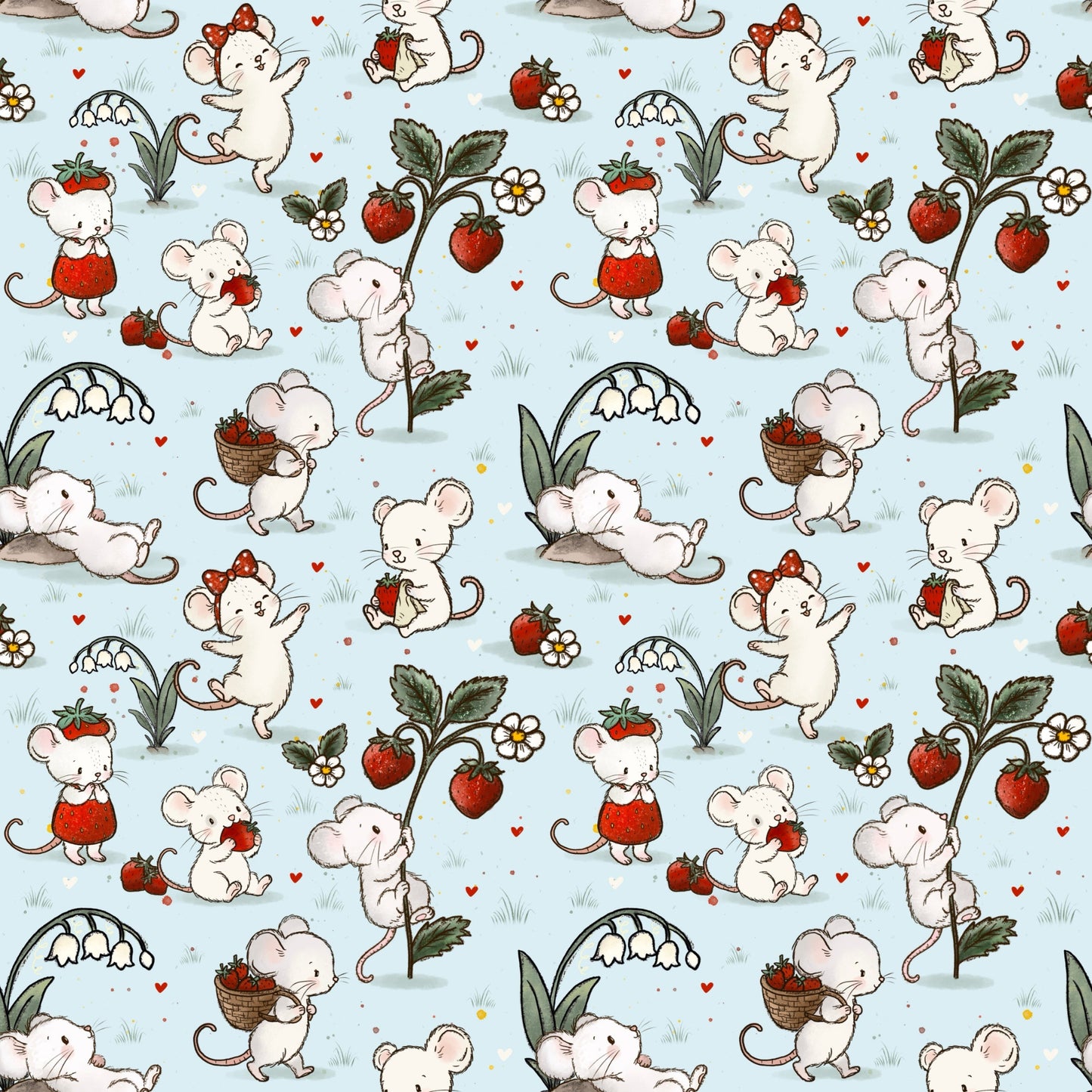 Nahtloses Stoffdesign Erdbeermäuse mit kleinen Mäusen, Erdbeeren und Blüten auf hellblauem Hintergrund von Fritten Design.