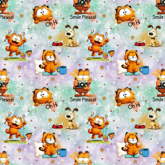 Nahtloses Stoffdesign „Fauler Kater & freche Pfoten“ mit lustigem Kater und Hunde Print.