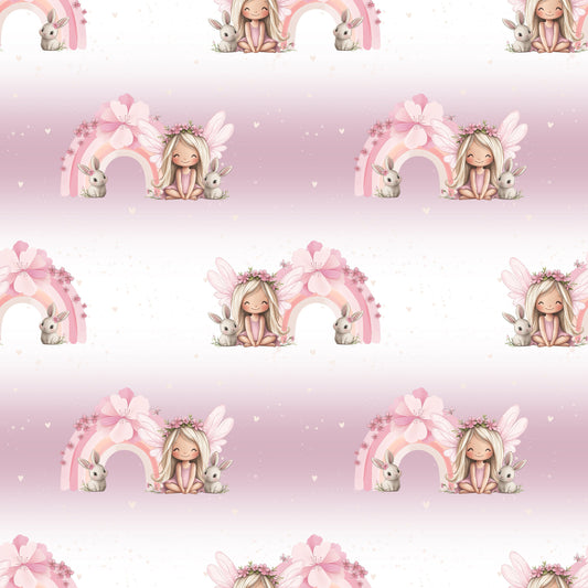 Nahtloses Muster „Fee mit Hase“ auf Ripp-Jersey – märchenhafte Motive in sanften Pastelltönen für Baby- & Kinderkleidung