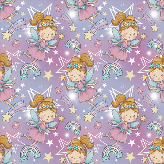 Kinderstoff âFeentraumâ mit liebevoll illustrierter Fee, Sternen und Regenbögen auf fliederfarbenem Hintergrund, Design von Binschens Designs, kombiniert mit Uni-Stoff