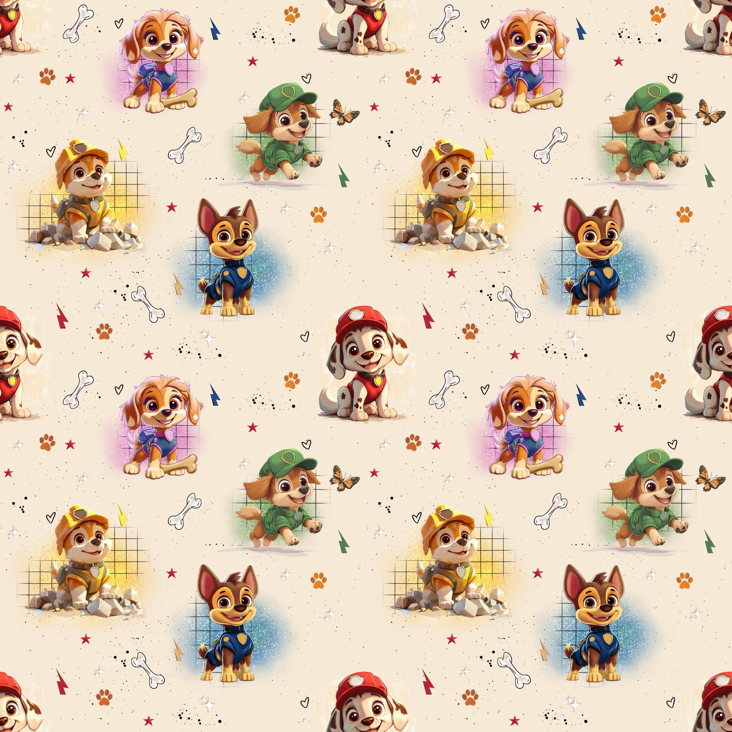 Nahe Ansicht der Stoffkachel „Fellfreunde im Einsatz – Creme“ mit detailreichen Hundemotiven auf warmem Creme-Hintergrund.