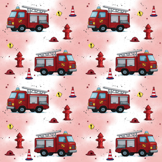 Wiederholendes Feuerwehrmuster mit Löschfahrzeugen und Einsatzsymbolen auf hellrotem Hintergrund â Design âFeuerwehr Crewâ.