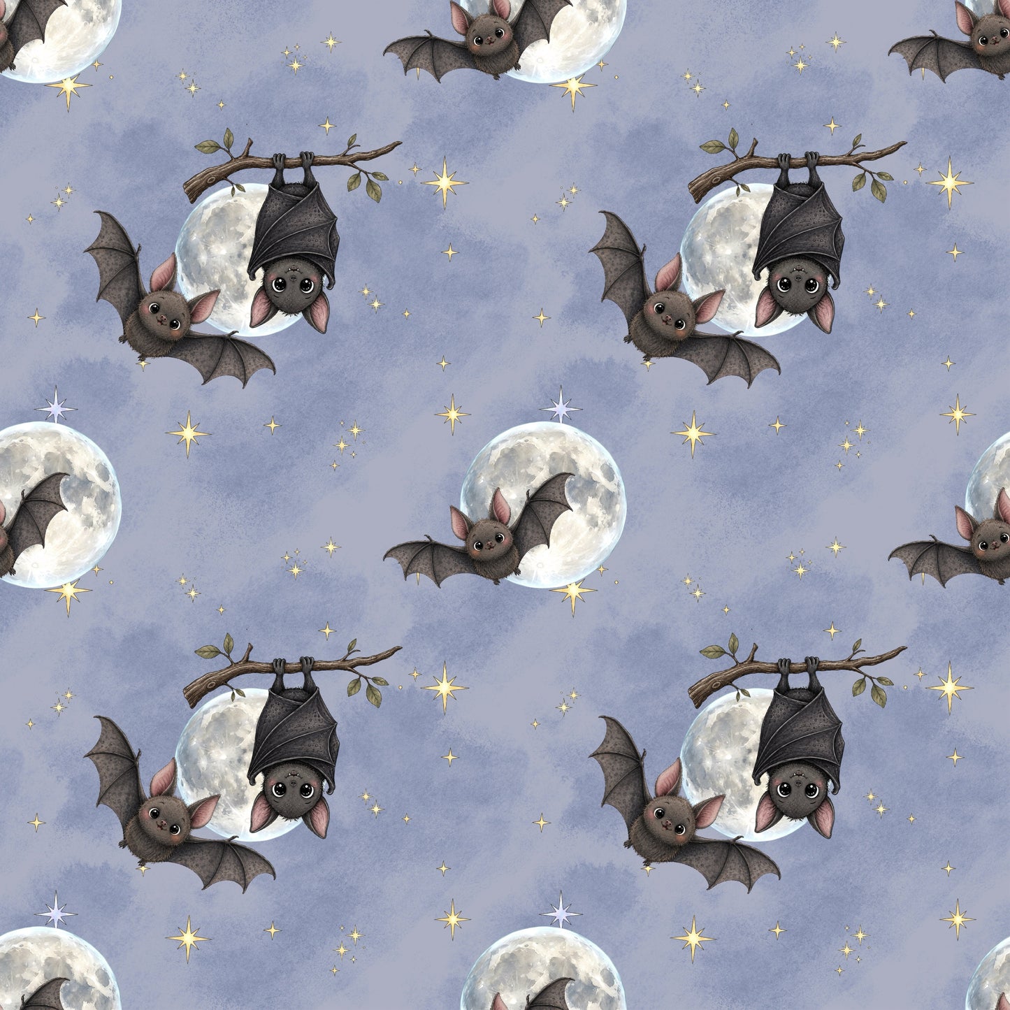 Fledermausfreunde Stoffdesign mit niedlichen Fledermäusen, Vollmond und funkelnden Sternen auf rauchblauem Hintergrund