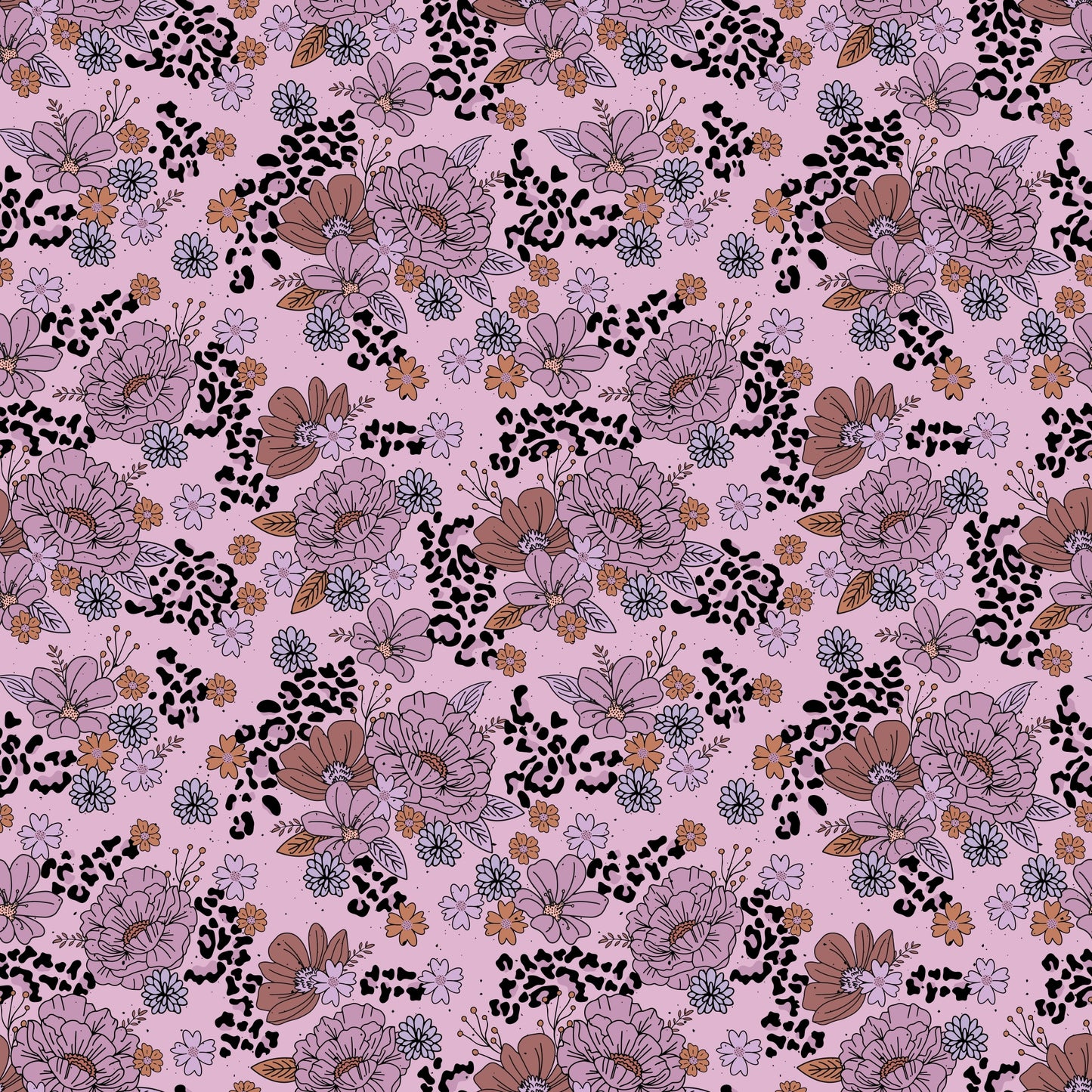 nahtloses Blumenmuster in Rosé und Mauve mit schwarzen Leo-Sprenkeln, verspieltes florales Design von Katzengold-Designs