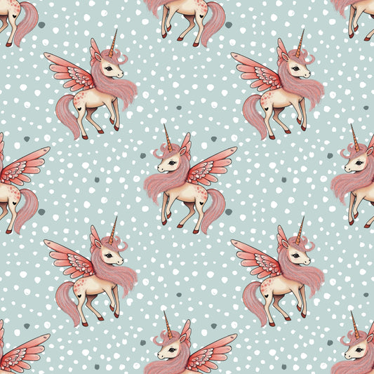 Nahtloses Muster mit Einhörnern, FlĂŒgeln und zarten RosĂ©tönen auf mintfarbenem Untergrund