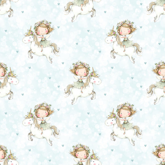 Nahtloses Flying Unicorn Design mit Blumenmädchen auf weißem Einhorn vor pastellblauem Hintergrund mit kleinen Herzen