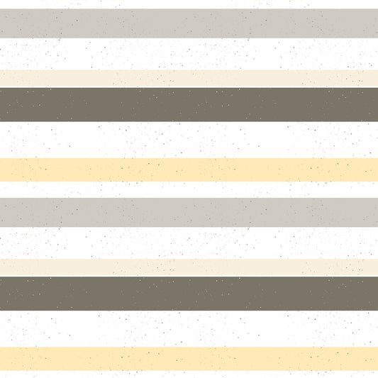 Detailaufnahme des Kombistoffs „Freche Ente“ mit neutralem Streifenmuster in Beige, Grau und Creme, als flach gelegtes Stoffbündel fotografiert.