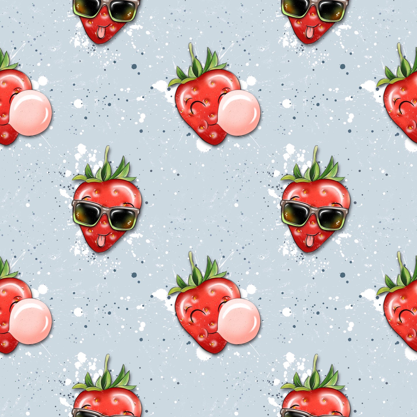 Stoffkachel „Freche Erdbeere“: nahtloses Muster mit wiederholten Erdbeeren (Sonnenbrille, Kaugummi) auf hellblauem Sprenkel-Hintergrund; gleichmäßig rapportiert.