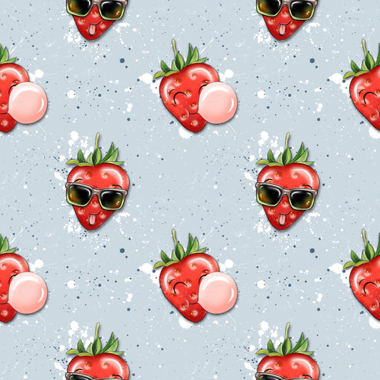 Stoffkachel „Freche Erdbeere“: nahtloses Muster mit wiederholten Erdbeeren (Sonnenbrille, Kaugummi) auf hellblauem Sprenkel-Hintergrund; gleichmäßig rapportiert.