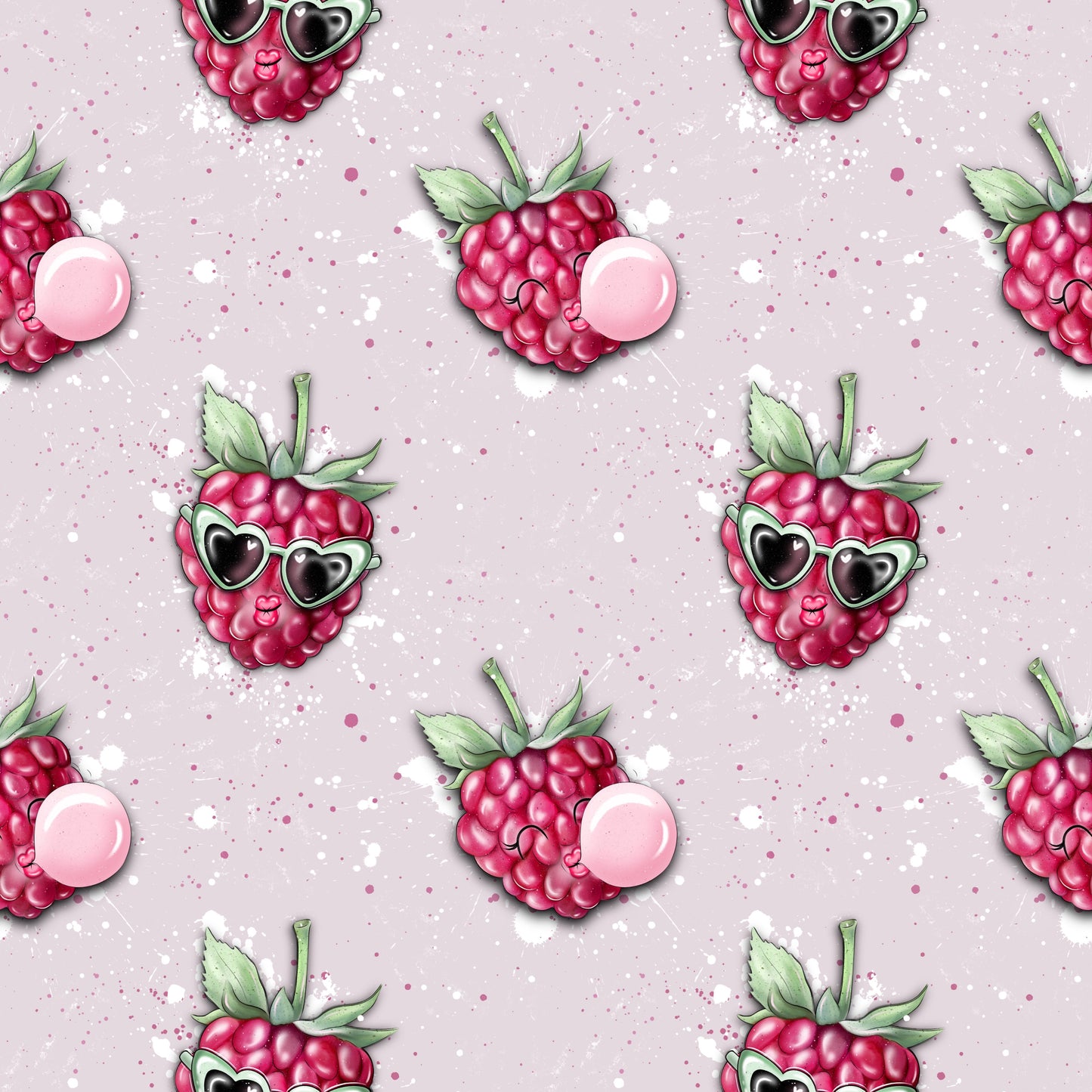 Stoffkachel „Freche Himbeere“: nahtloses Muster mit wiederholten Himbeeren (Herzbrille, Blätter, Kaugummi) auf zartrosanem, fein gesprenkelten Hintergrund; gleichmäßig rapportiert.