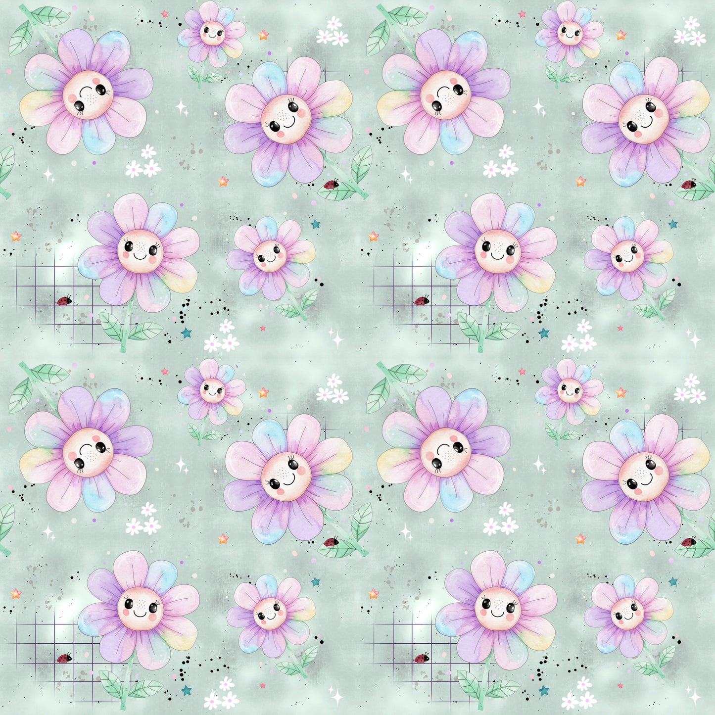 Stoffkachel „Fröhliche Blumen“: nahtloses Muster mit pastelligen Blumenköpfen, Blättern, Grid-Details, Sternchen & Sprenkeln auf mintgrünem Hintergrund; gleichmäßig rapportiert.