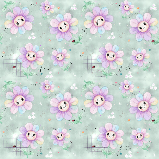 Stoffkachel „Fröhliche Blumen“: nahtloses Muster mit pastelligen Blumenköpfen, Blättern, Grid-Details, Sternchen & Sprenkeln auf mintgrünem Hintergrund; gleichmäßig rapportiert.