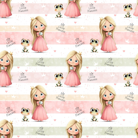 Nahtloses Muster âFroschzauber â Kombistreifenâ auf Ripp-Jersey: Pastellstreifen mit kleinen Herzen, Vögelchen & âLittle Princessâ fĂŒr Kinderkleidung