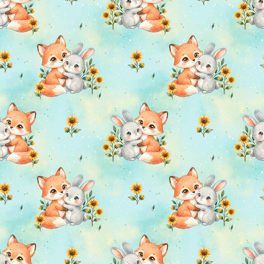 Stoffdesign FrĂŒhlingsfreunde mit Fuchs-Hase-Motiv und gelben Sonnenblumen