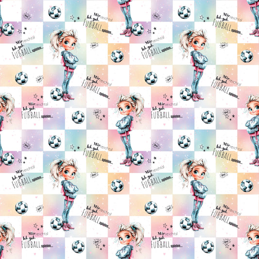 Nahtloses Stoffmuster mit dem Design „Fußballerin“ – sportlich und farbenfroh.
