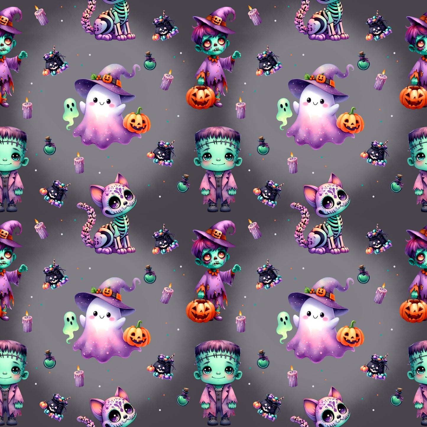Bunter Stoff „Halloween Crew“ – verspielte Halloweenfiguren und Deko-Elemente für kreative Nähideen.