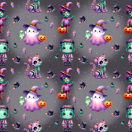 Bunter Stoff „Halloween Crew“ – verspielte Halloweenfiguren und Deko-Elemente für kreative Nähideen.