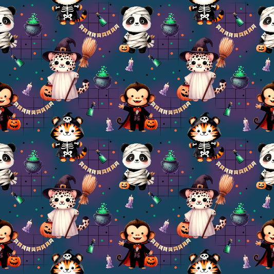 Bunter Stoff „Halloween Safari“ – Tiger, Panda, Affe & Leopard im Halloweenlook für kreative Nähprojekte.