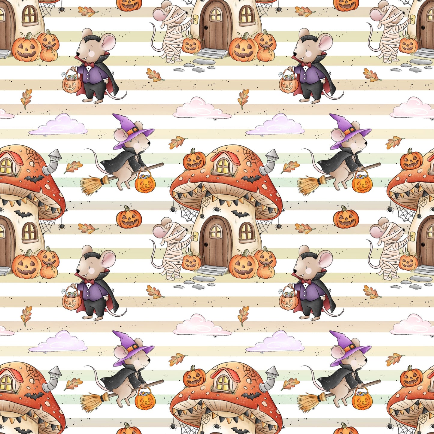 Nahtloses Stoffdesign „Halloweenmäuse“ mit verkleideten Mäusen, Kürbissen, Fledermäusen und Pilzhäusern auf einem hell gestreiften Hintergrund.