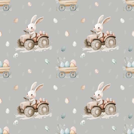 Hasenfahrt Nebelgrau Stoffmuster mit Osterhase, Traktor und Ostereiern in skandinavischem Stil