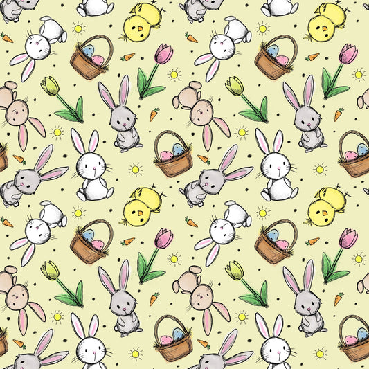 Hasenglück Frühlingsgelb Stoffmuster mit Osterhasen, Küken und Ostereiern auf frühlingsgelbem Hintergrund