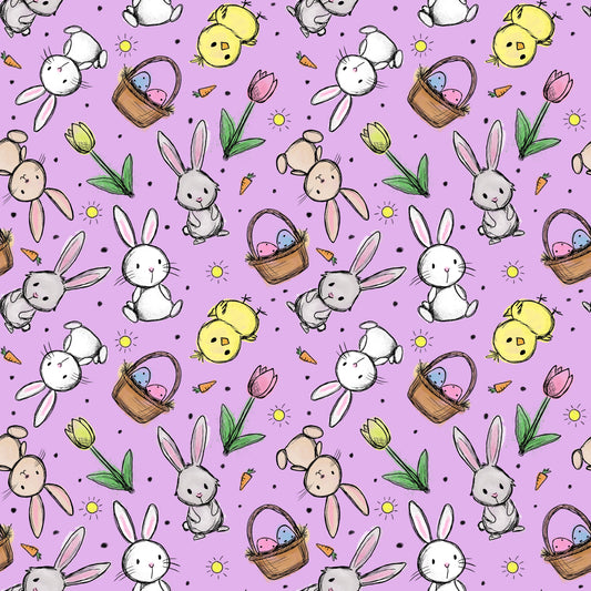 Hasenglück Lavendel Stoffmuster mit Osterhasen, Küken und Ostereiern auf lavendelfarbenem Hintergrund