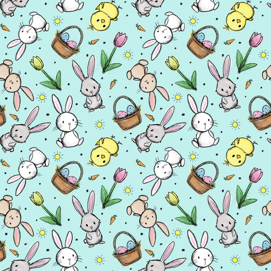 HasenglĂŒck Mint Stoffmuster mit Osterhasen, KĂŒken und Ostereiern auf mintfarbenem Hintergrund