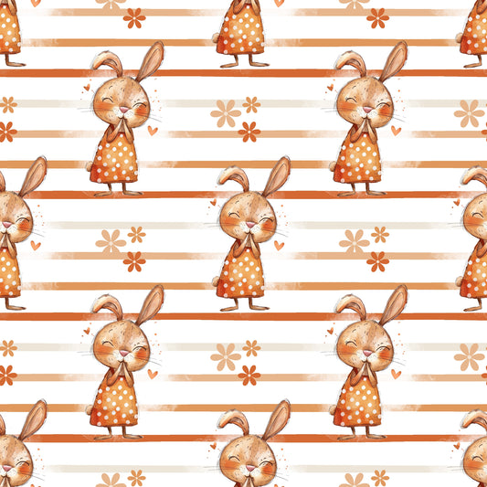 Nahtloses Muster „Hasenliebe“ auf Ripp-Jersey – Häschen, Blumen & Herzen auf gestreiftem Hintergrund in Orangetönen für Kinderkleidung
