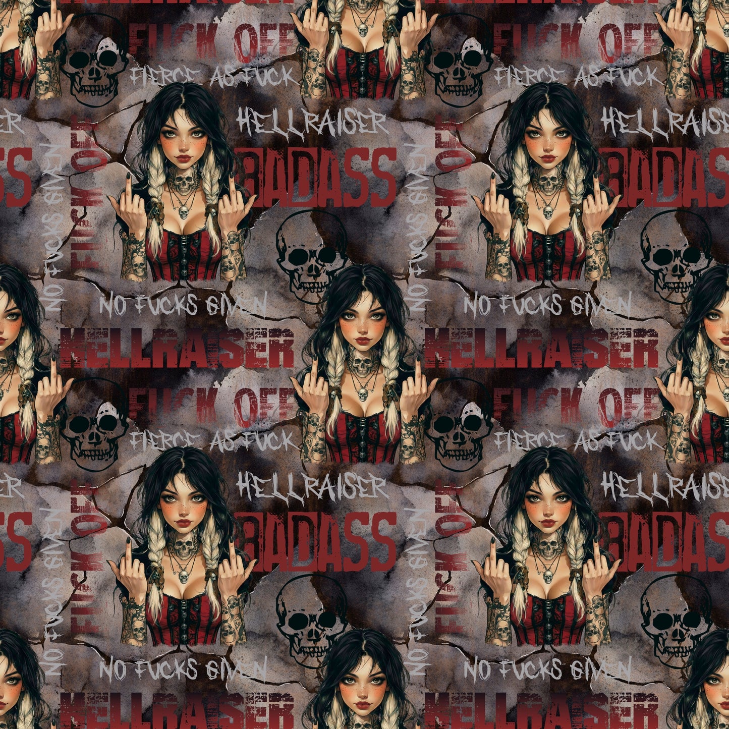 Hellraiser Girl Stoff mit tätowierter Frau, Totenköpfen und Graffiti-Schriftzügen auf dunklem Hintergrund, kombiniert mit uni Stoff in Taupe.