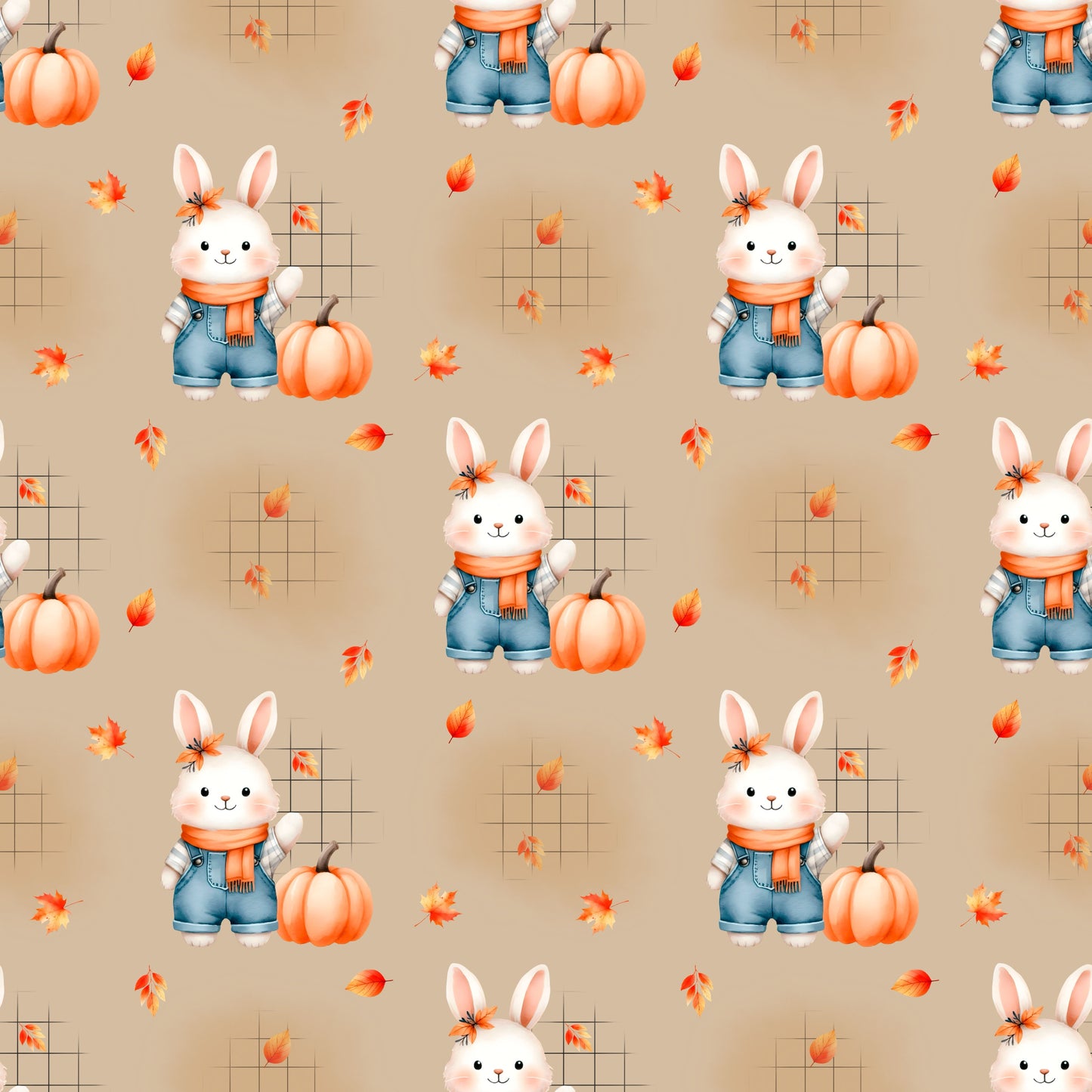 Gemütlicher Stoff „Herbsthäschen“ – Hase im Herbstoutfit mit Kürbis und Blättern für kreative Nähprojekte.