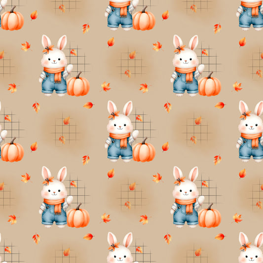 Gemütlicher Stoff „Herbsthäschen“ – Hase im Herbstoutfit mit Kürbis und Blättern für kreative Nähprojekte.