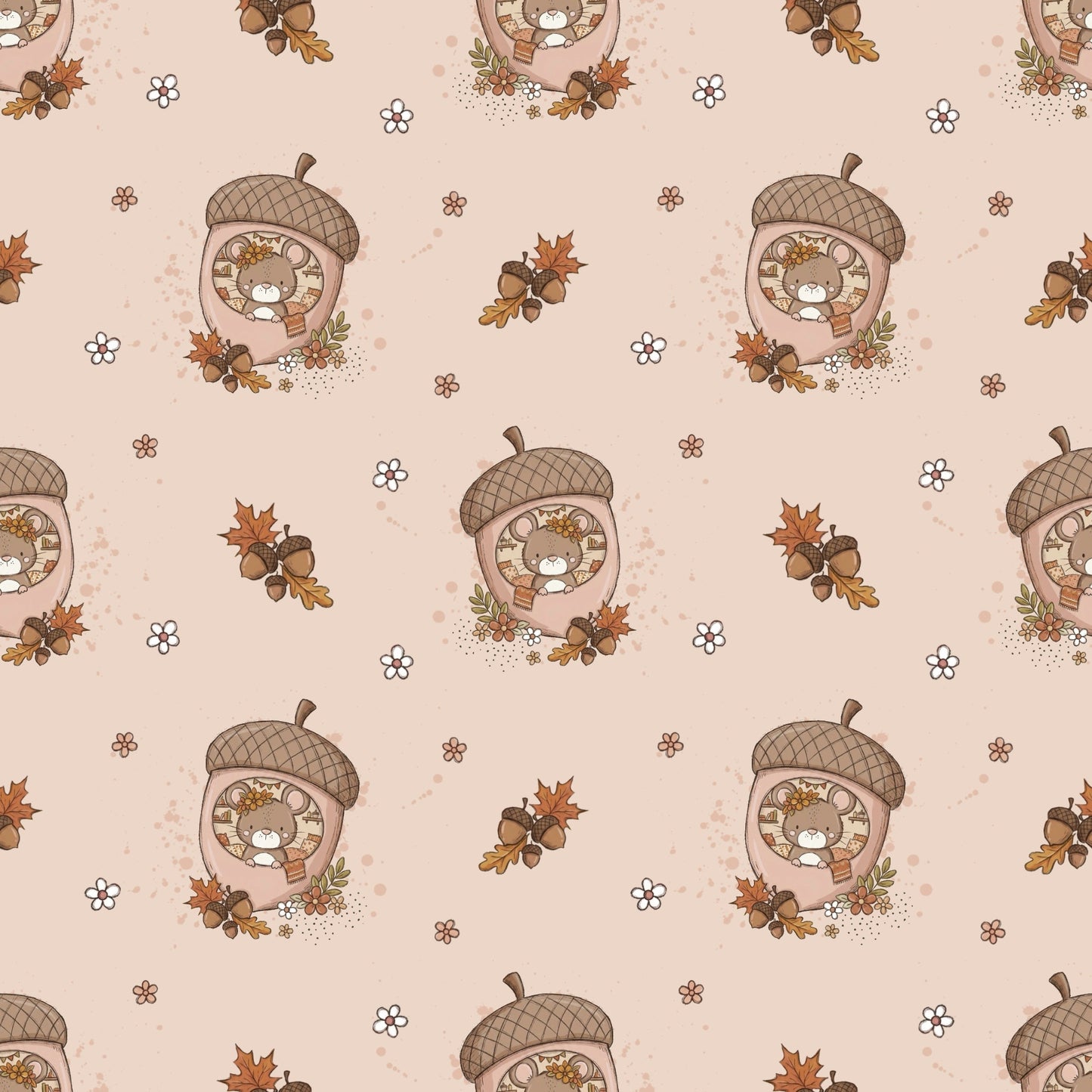 Nahtloses Stoffdesign „Herbstmaus Blümchen“ mit einer Maus samt Blumenkranz im Eichelhäuschen sowie Blümchen, Eicheln und Herbstblättern auf rosafarbenem Hintergrund.