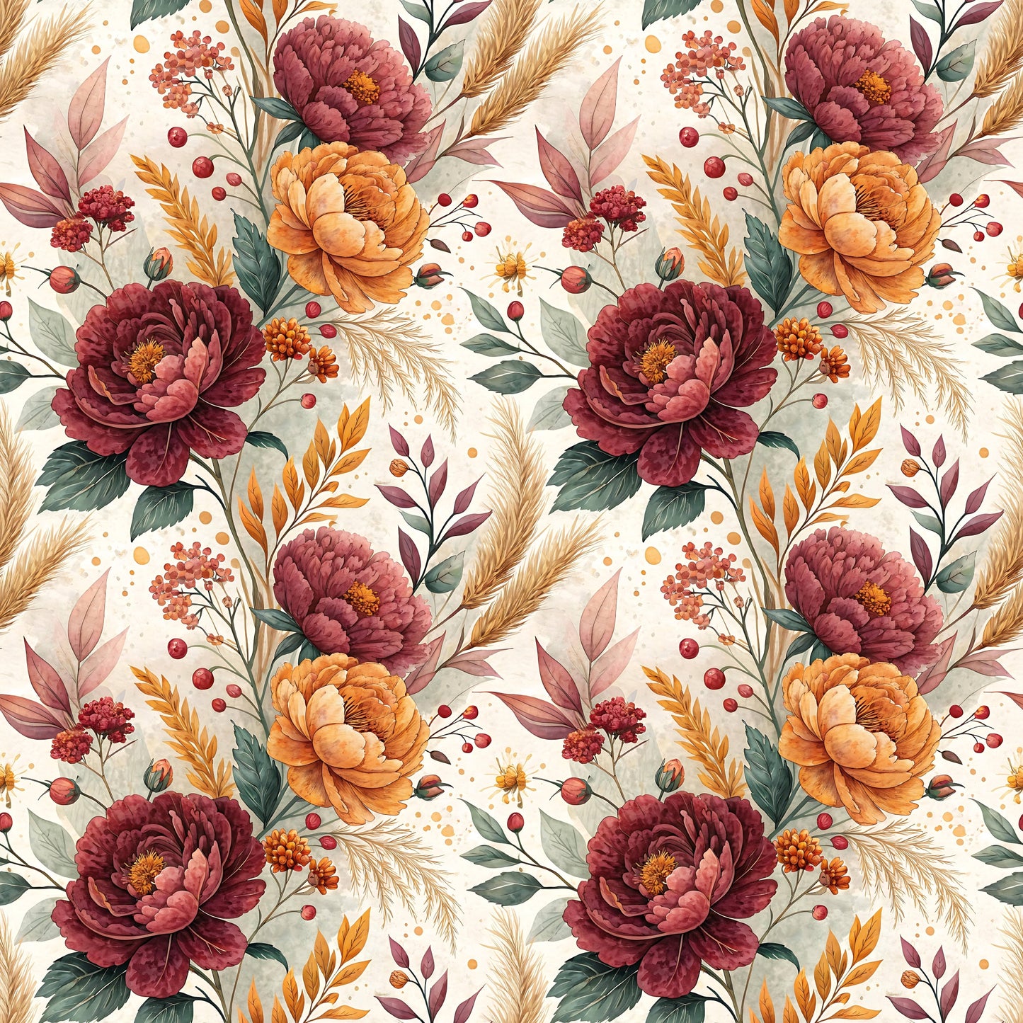 Herbstpoesie Stoffdesign mit großen Blüten, Beeren und Gräsern in Bordeaux, Rost und warmen Naturtönen auf Creme