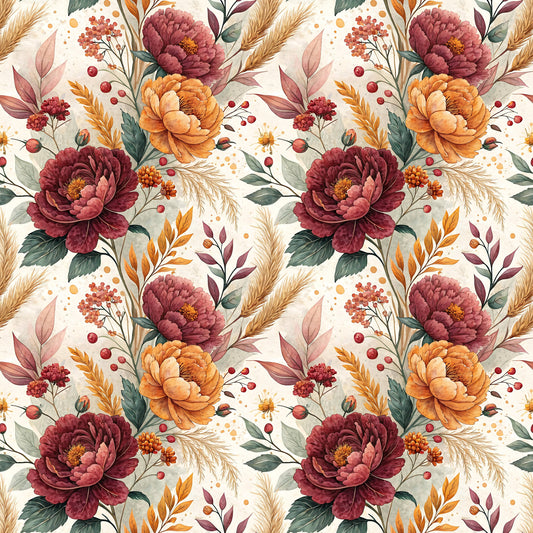 Herbstpoesie Stoffdesign mit großen Blüten, Beeren und Gräsern in Bordeaux, Rost und warmen Naturtönen auf Creme
