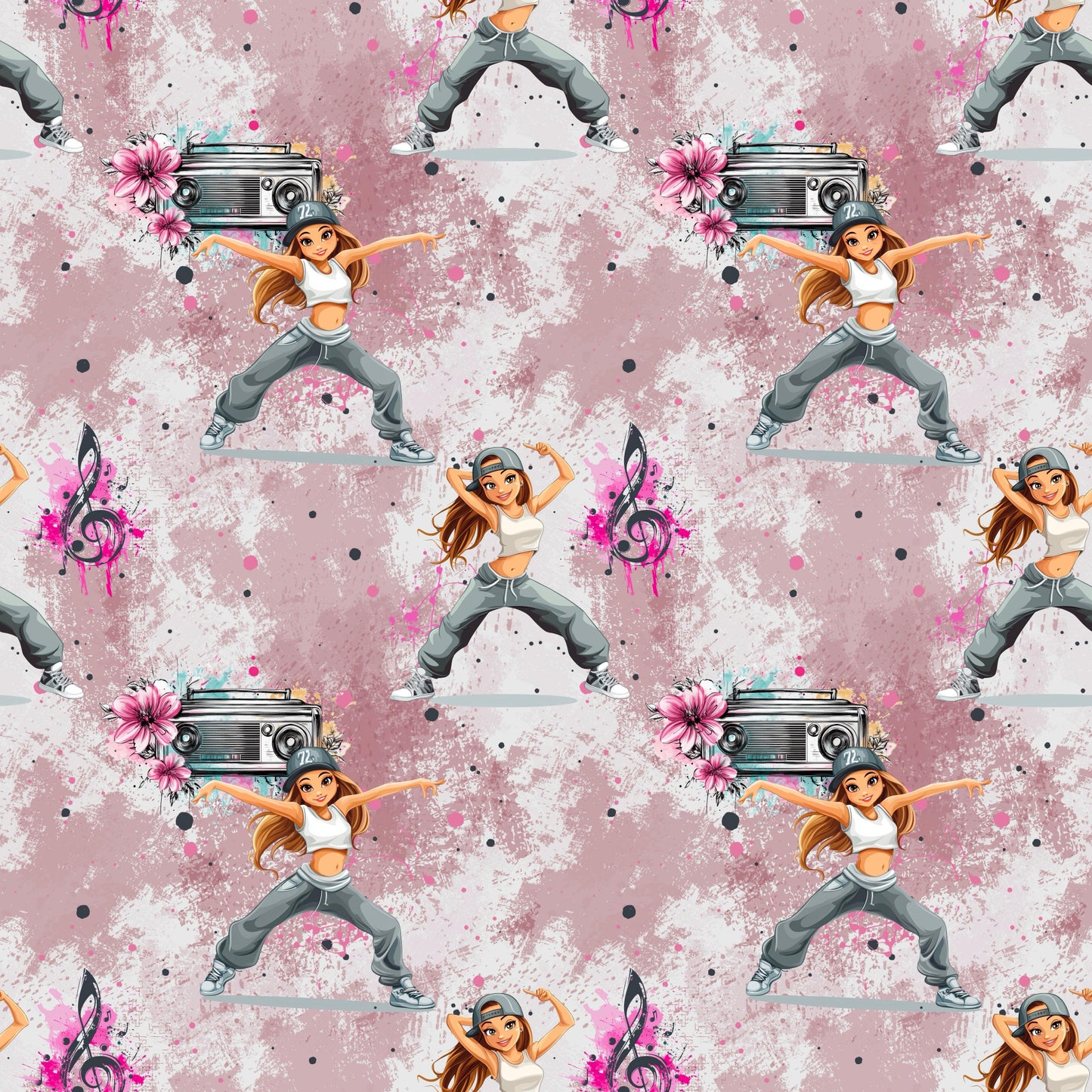 Hip-Hop-Stoff „Hip Hop Girl“ mit dynamischer Tänzerin, Musik- und Graffiti-Elementen auf modernem Rosé-Hintergrund, Kinderstoff