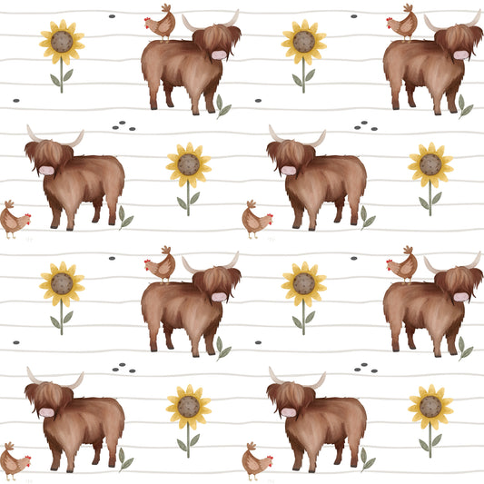 Stoffkachel „Hochlandrind & Huhn“: nahtloses Muster mit Highland Cows, Hühnern, Sonnenblumen & kleinen Punkten auf weißem Liniengrund; gleichmäßig rapportiert.
