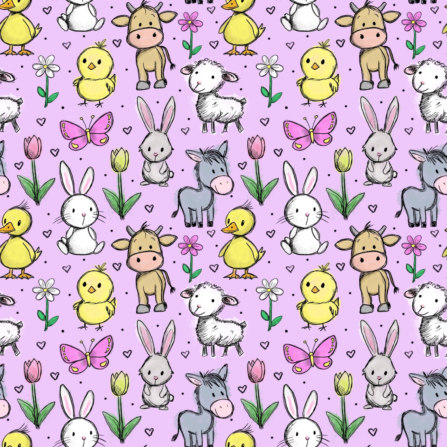 Hofzauber Flieder Stoffmuster mit niedlichen Bauernhoftieren, Blumen und Herzchen auf fliederfarbenem Hintergrund