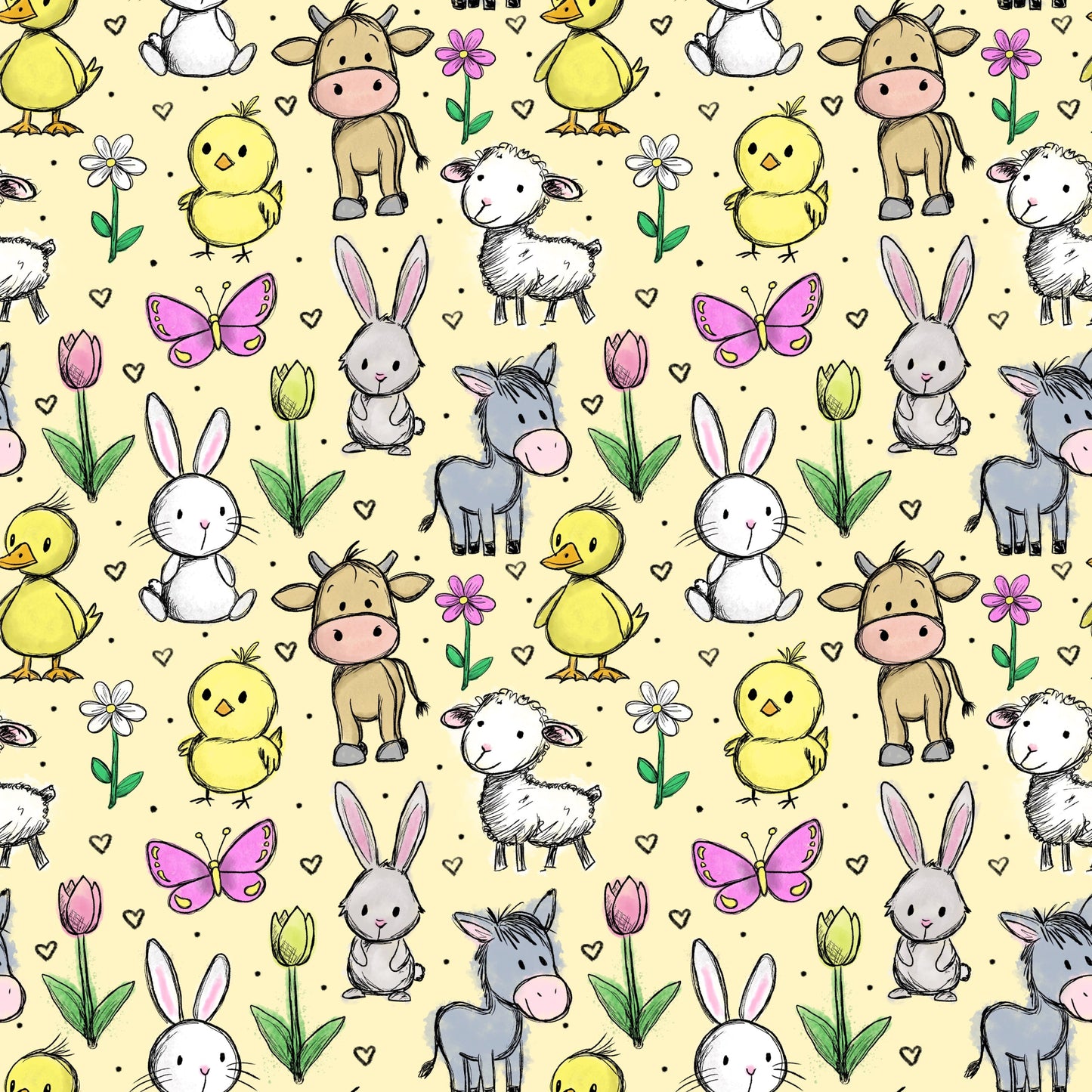 Hofzauber Stoffmuster mit Bauernhoftieren, Blumen und Herzchen in gelber Farbvariante