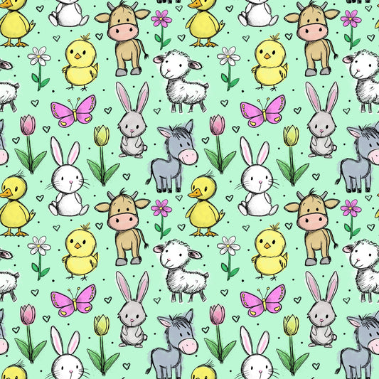 Hofzauber Salbei Stoffmuster mit niedlichen Bauernhoftieren, Blumen und Herzchen auf salbeigrünem Hintergrund