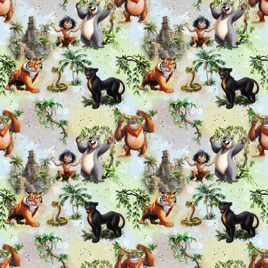 Stoffkachel „Der Junge & die Dschungeltiere“: nahtloses Dschungel-Muster mit Junge und Tieren, Palmen, Lianen & Tempelruinen; weiche Grün-, Sand- und Blautöne, gleichmäßige Wiederholung.