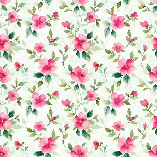 Detailfoto der Meterware „Kleine Blümchen“ – zarte rosa Blumen und Blätter auf hellen Stofflagen.