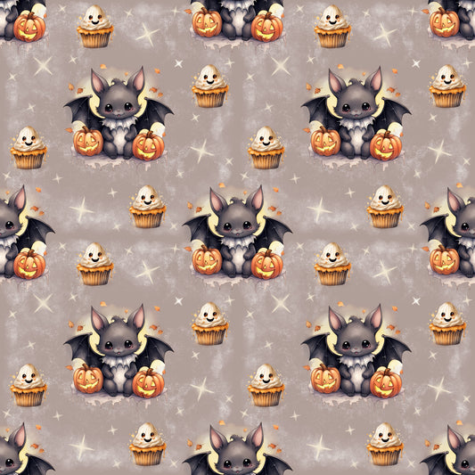 Verspielter Stoff „Kleine Fledermaus“ – Halloweenmotiv mit niedlicher Fledermaus und Cupcakes für kreative Nähideen.